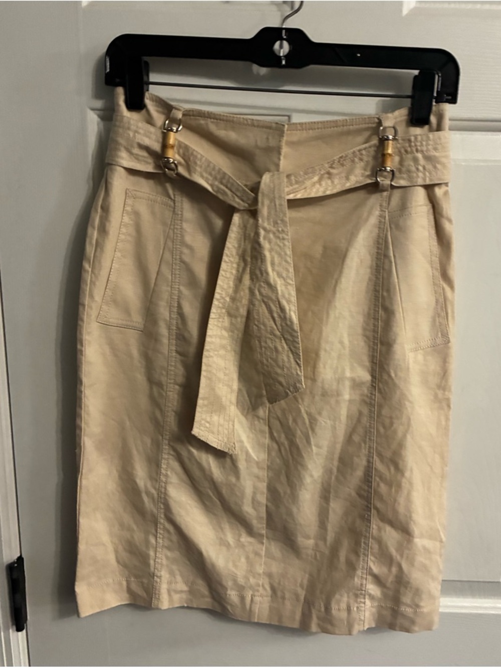 New York & Company Cream Belted Pencil Skirt with Gold-Tone Accents